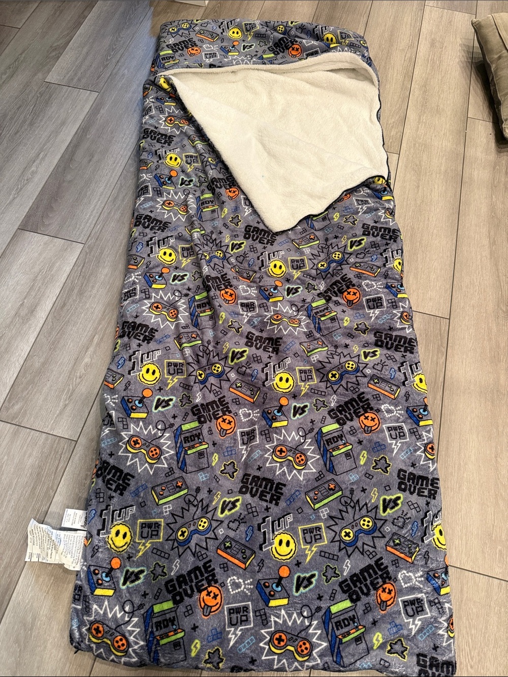 Cozy Gaming Print Sherpa-Lined Sleeping Bag - Gray